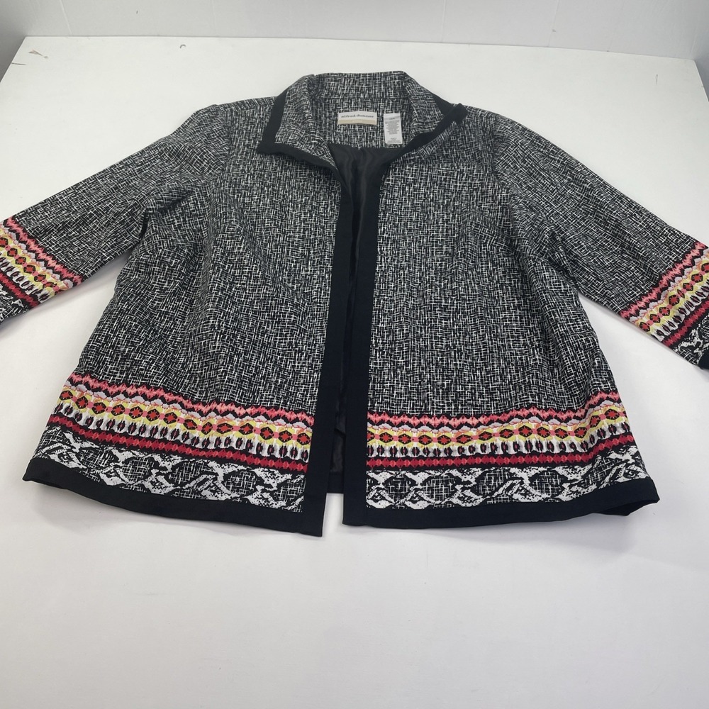 Alfred Dunner Jacket Women 16W Black White Geometric Open Front Blazer